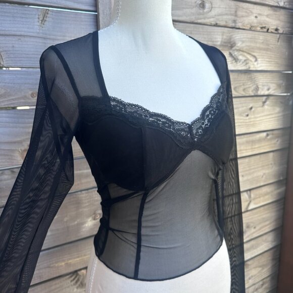 I.AM.GIA Gianna Mesh Long Sleeve Top Black Sheer Lace Trim - S - Picture 4 of 10